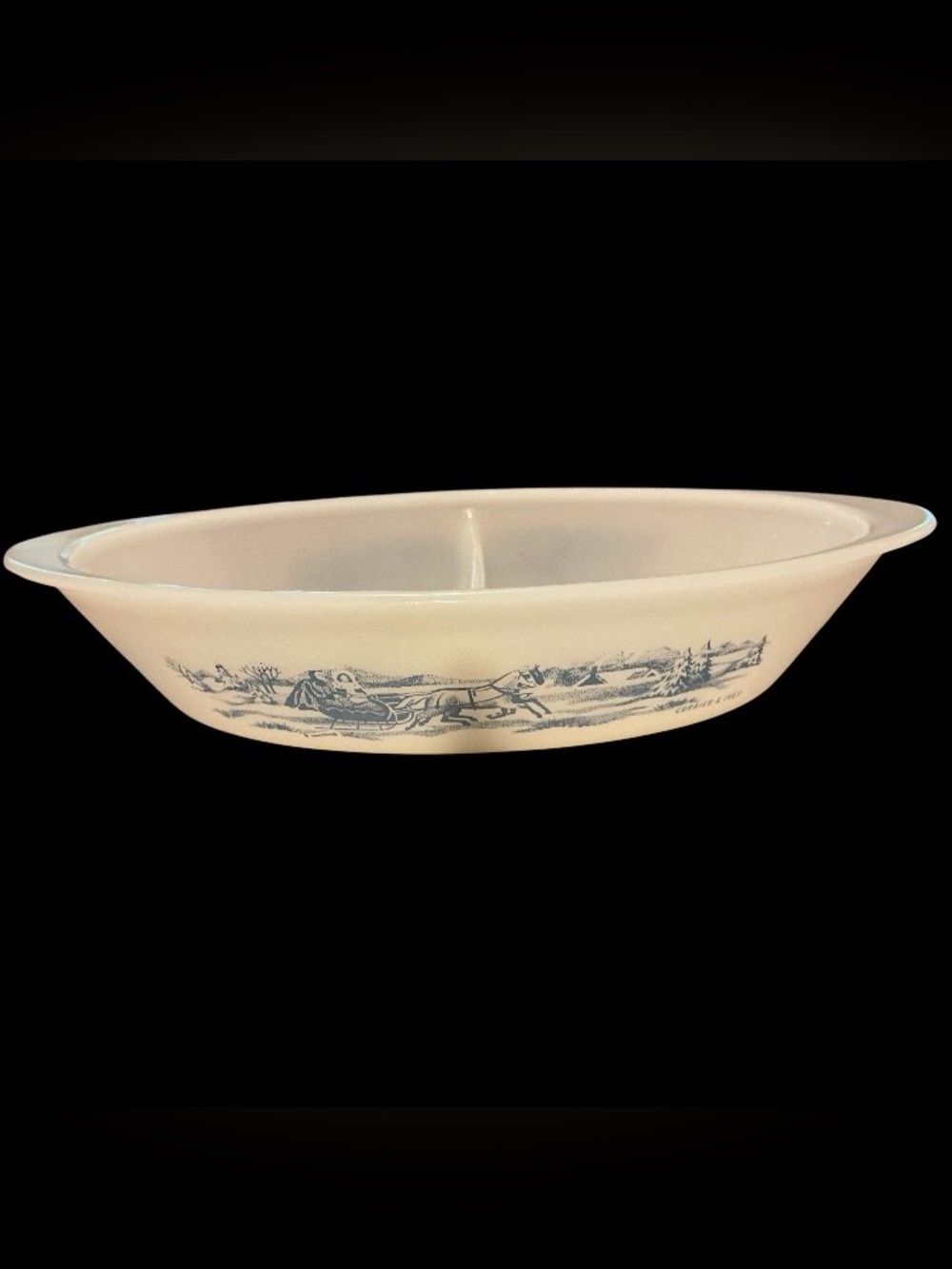 Vintage Glasbake Currier & Ives Divided Casserole Dish J-2352 Winter Sleigh